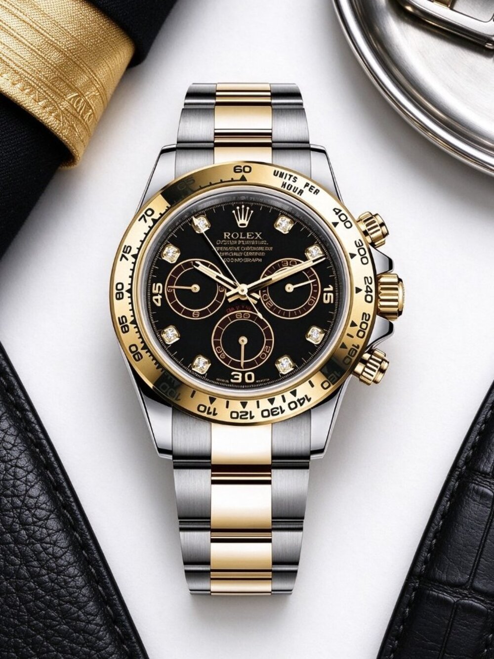 Rolex Daytona Rolesor Black Diamond Dial Chronograph Oyster Bracelet Watch